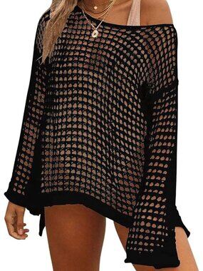 Women's black Crochet UPS For Sexy Hollow Out Up Knit Summer Outfits Swim Cover